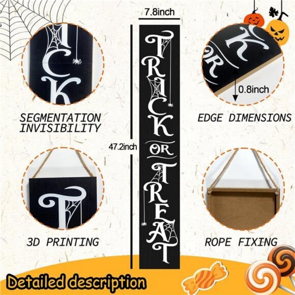 Halloween Porch Sign Decor "Trick or Treat" Wooden Hanging Sign Door Porch - Picture 3 of 8
